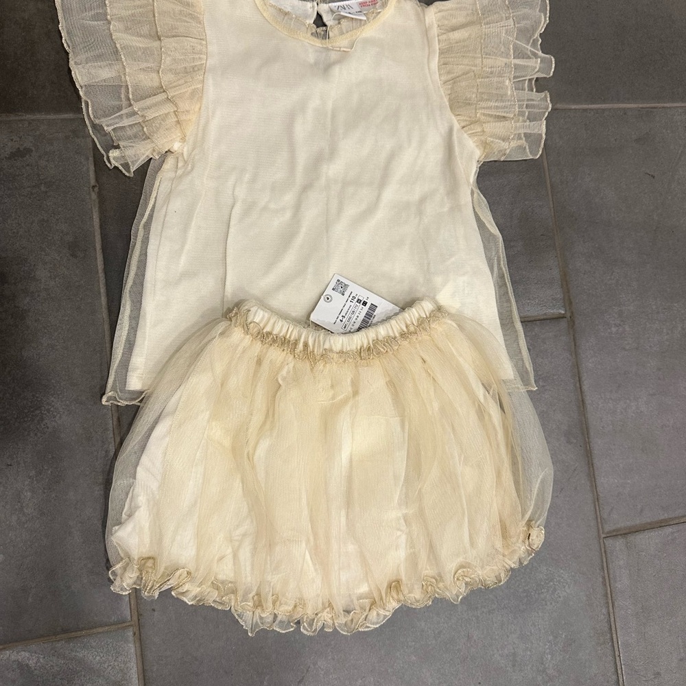 Elegant Zara Cream Girls Matching Top and Skirt Holiday Outfit